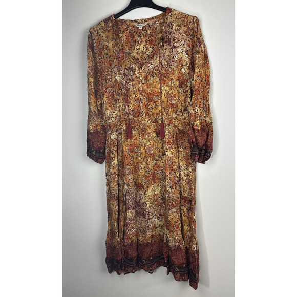 Frye & Co Fall Brown Orange Midi Long Sleeve Dress XL Western Boho Smock Ruffle - Picture 2 of 12